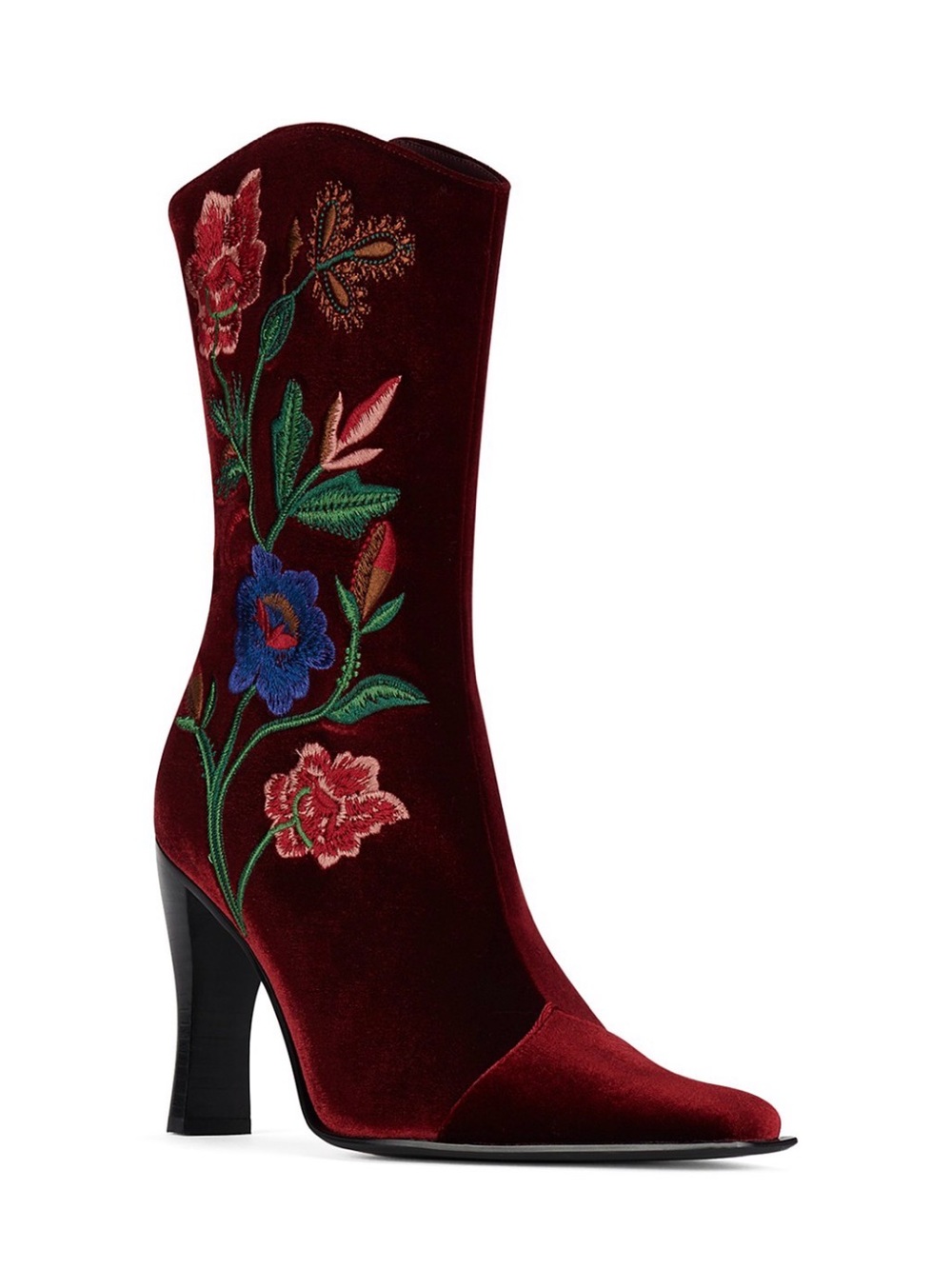 Embroidered Burgundy Velvet Mid-Calf Boots - Women